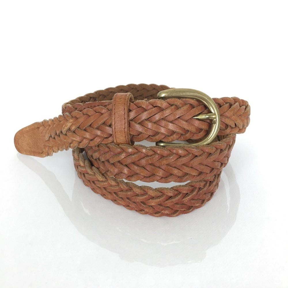 Surrey Women’s Brown Leather Belt Solid Brass Buckle Braided Woven Boho Size M